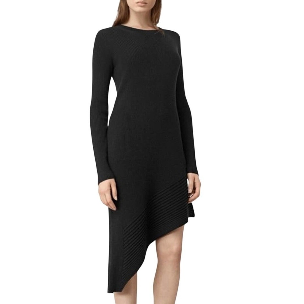 AllSaints Women 100% Merino Wool Keld Dress Medium Grey Asymmetric Ribbed